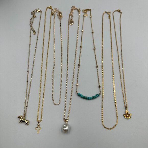Necklace Lot Gold Tone Pendant Style Thin Chain Link Faux Pearl Puppy Cross - Picture 2 of 16